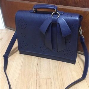 Blue Faux Leather Shoulder Bag with Bow